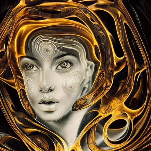 Prompt: epic illustration, abstract sculpture of beautiful female face silhouette and black swirling liquifying acrylic portrait, volumetric light, highly detailed, mechanical superstructure, sacred geometry, glowing edges, sad, hurt, beautiful light, statue of carving marble, dark colors, dark mood, cinematic light, golden spirals, clockwork, art by camille corot, zeng fanzhi