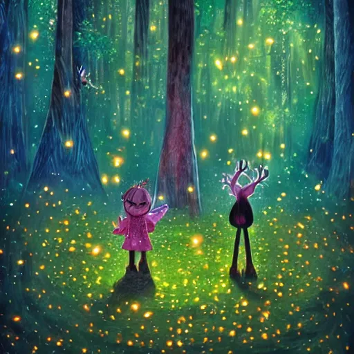 Prompt: an enchanted forest full of fireflies, night, warm light, fantasy art, in the style of coraline the movie