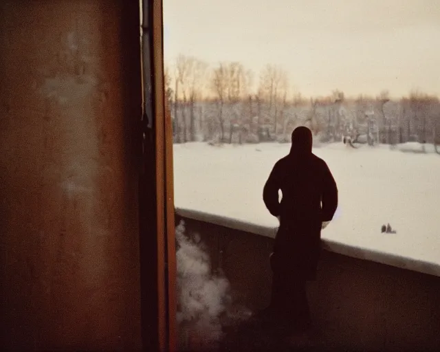 Image similar to lomographic film still photo of 4 0 years russian man with beard and sweater standing on small hrushevka 9 th floor balcony full with cigarette smoke in winter taiga looking at sunset, cinestill, bokeh