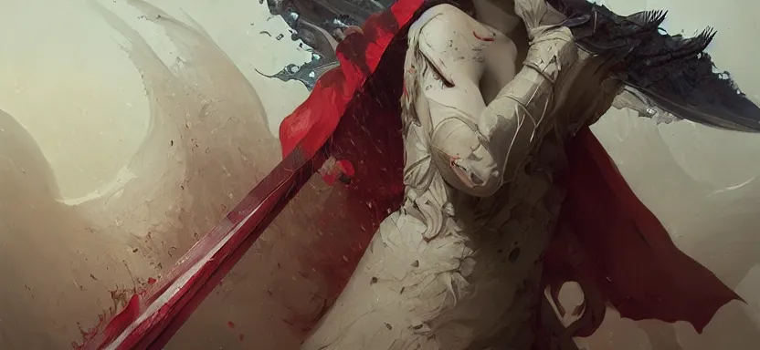 Image similar to sacred vampire, red sea, sword attack, epic, acanthus scroll, ceremonial clouds, dripping paint, fibonacci rhythm, artstation, art germ, wlop, karol bak, christopher balaskas, ross tran