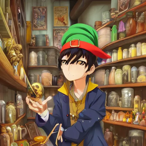 Image similar to Anime artwork of Anthropomorphized parrot trader in his shop, shelves full, selling a gem, portrait, items, magic potions, carpet, window, fancy funny hat, sly expression , cunning expression, cute expression, presenting magic gem, D&D, fantasy, cinematic lighting, highly detailed, digital painting, artstation, concept art, smooth, sharp focus, illustration, warm light, cozy warm tint, magic the gathering artwork, volumetric lighting, 8k, no gold, no gold colours, art by Akihiko Yoshida and Greg Rutkowski