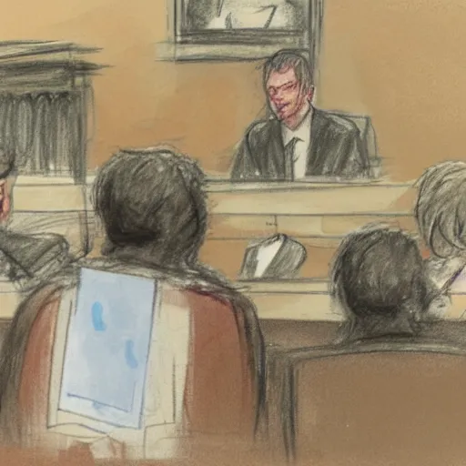 Image similar to a dog in a addressing a jury of mailmen, courtroom sketch