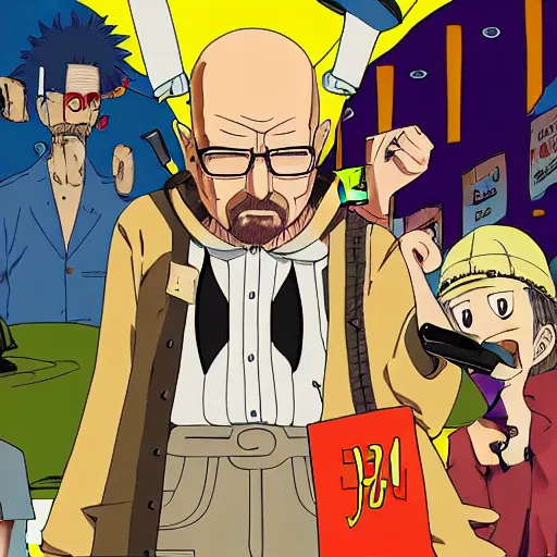 Prompt: walter white smoking a joint with jesse pinkman, in One Piece Anime Series, 4k Resolution.