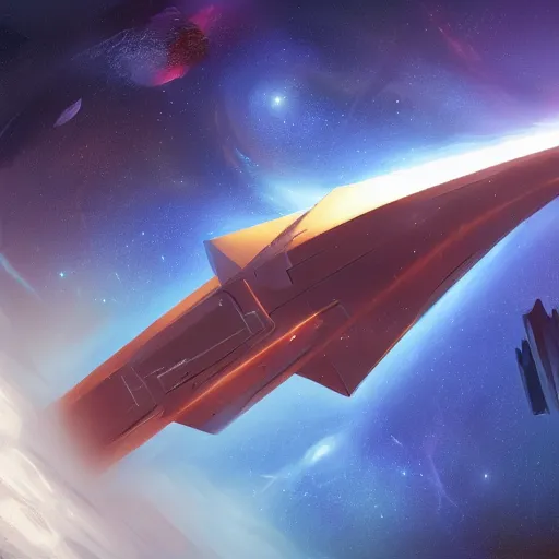 Image similar to concept art of a large space vessel in the shape of an spear flying through the space, scifi, beautiful ilumination, artstation hq