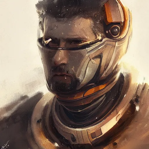 Image similar to Portrait of a man by Greg Rutkowski, he is about 30 years old, Nordic and Hebrew factions, messy brown short hair, strong, tired expression, father figure image, he is wearing a futuristic space gear, highly detailed portrait, scifi, digital painting, artstation, concept art, smooth, sharp foccus ilustration, Artstation HQ.