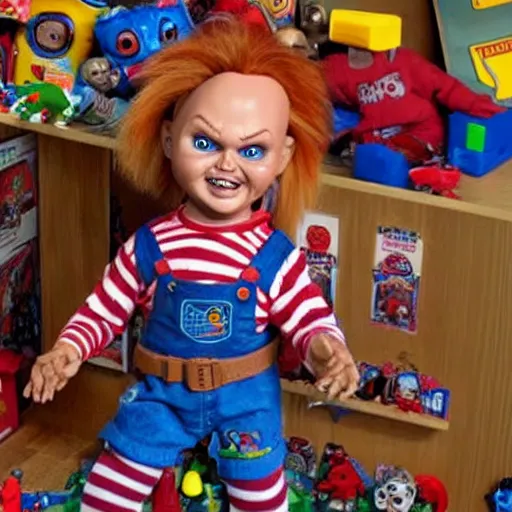 Image similar to Chucky the killer doll in a play room full of toys