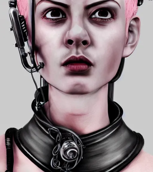 Image similar to detailed realistic female character cyberpunk wearing thick steel collar around neck, realistic, art, beautiful, 4K, collar, choker, collar around neck, punk, artstation, detailed, female, woman, choker, cyberpunk, neon, punk, collar, choker, collar around neck, thick collar, tight around neck, punk, leather collar, cyberpunk,