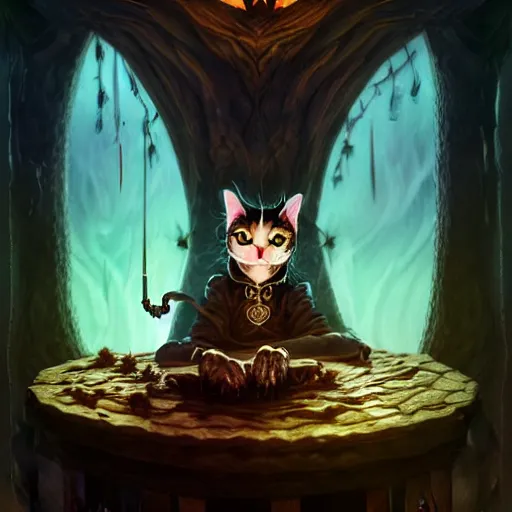 Image similar to Cat Witch, evil, brewing potion in witch Hut, magic the gathering artwork, horror, D&D, fantasy, cinematic lighting, centered, symmetrical, highly detailed, digital painting, artstation, concept art, smooth, sharp focus, illustration, volumetric lighting, epic Composition, 8k, art by Akihiko Yoshida and Greg Rutkowski and Craig Mullins, oil painting, cgsociety