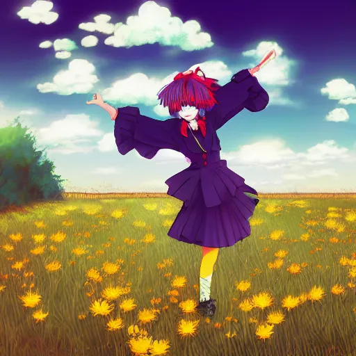 Image similar to Komeiji Koishi dancing in a field of dandelions, anime, Touhou, digital art, soft lighting