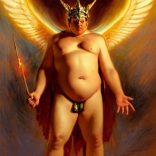 Prompt: obese male lucifer morning star casting a spell summoning male demons, they rise from down bellow. highly detailed painting by gaston bussiere, craig mullins, j. c. leyendecker, 8 k