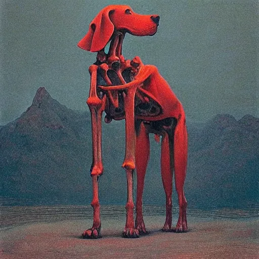 Image similar to clifford the big red dog standing amongst mountains made of bones, painted by zdzisław beksinski