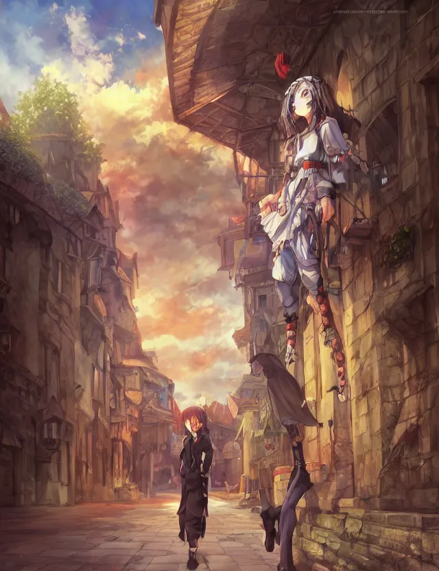 Prompt: anime scenery, wide angle portrait of a teenage girl in town center, confident knight's outfit, anime in fantasy style, trending artwork, painted in anime painter studio, by anato finstark, tony sart, marc simonetti and an anime artist, collaboration