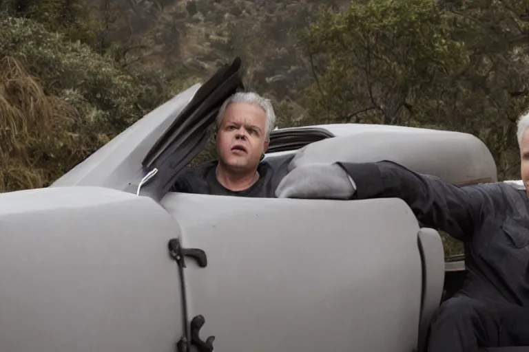 Prompt: tim robbins from the netflix show i think you should leave driving a coffin, movie still, 8 k, from the newest fast and furious movie