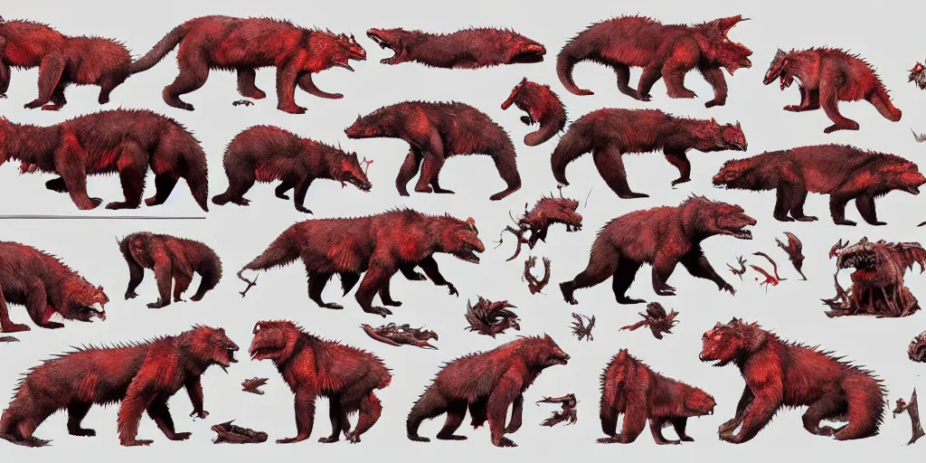 Image similar to Crimson red draconian grizzly bear character design sheet, Monster Hunter Illustrations art book, scaly, demonic, reptilian, white stripes all over its body, Moebius, Greg Rutkowski, Zabrocki, Karlkka, Jayison Devadas, Phuoc Quan, trending on Artstation, 8K, ultra wide angle, zenith view, pincushion lens effect.