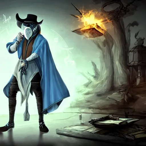 Image similar to a wizard wearing a white plague mask with a blue robe using a magical spell, white plague doctor mask, d & d character design art, gta cover art, gta loading screen art, digital art, unreal engine 5