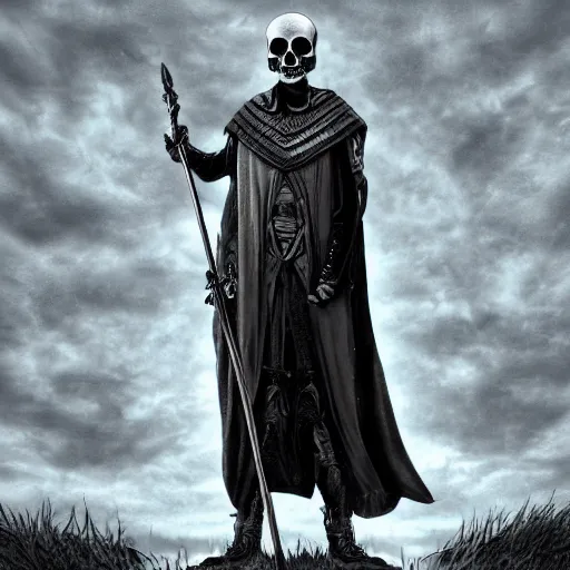 Image similar to a man with a skull head in a grey cloak holding his black spear up to the sky, Digital art