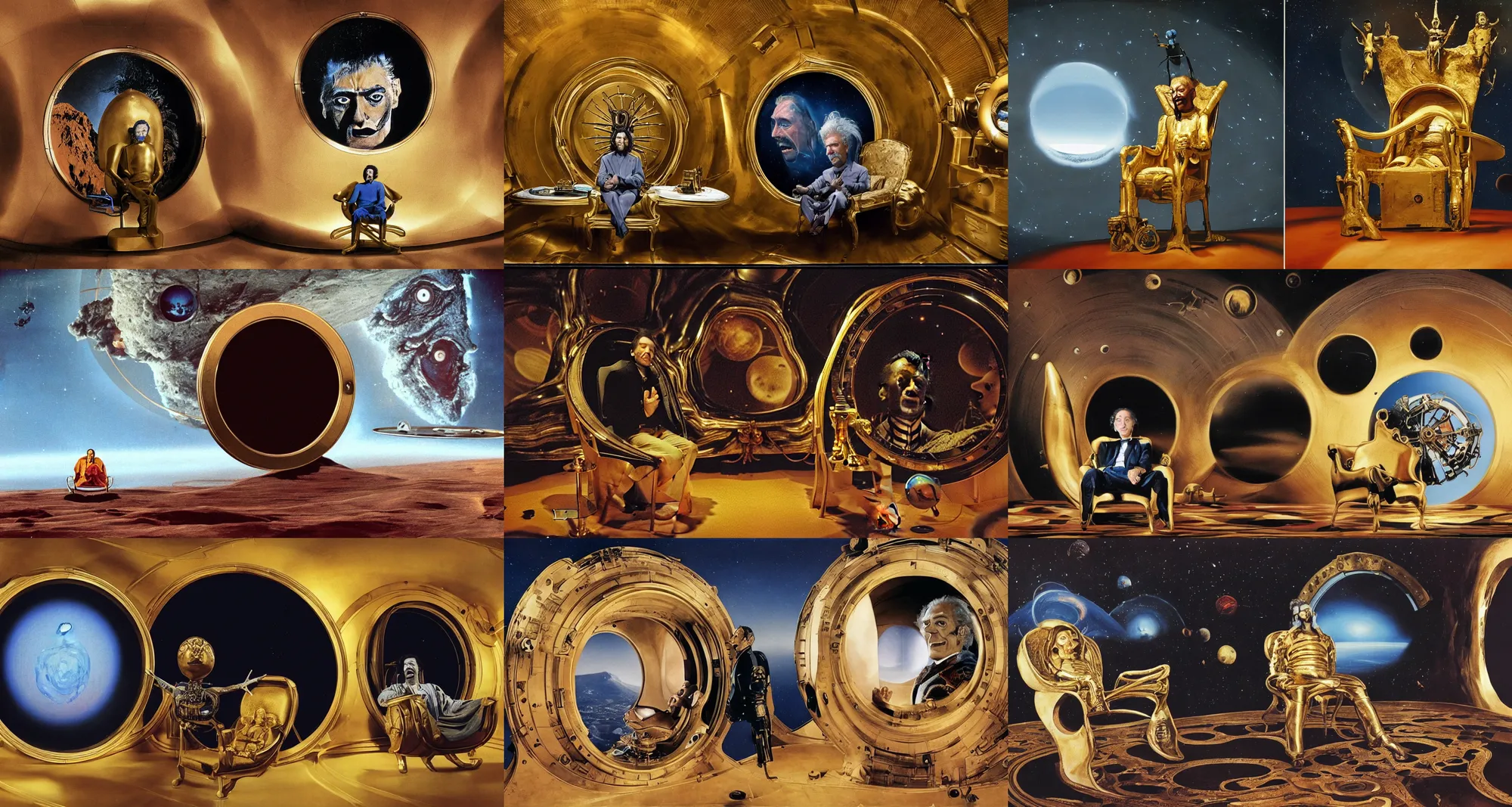 Prompt: background : a huge porthole in which space, planet arrakis, and spaceships are visible | foreground : crazy magnificent face of salvador dali, sits on a gold chair in a dark room | from the movie by alejandro jodorowsky with the cinematography of christopher doyle and art direction by hans giger, anamorphic lens, kodachrome, 8 k