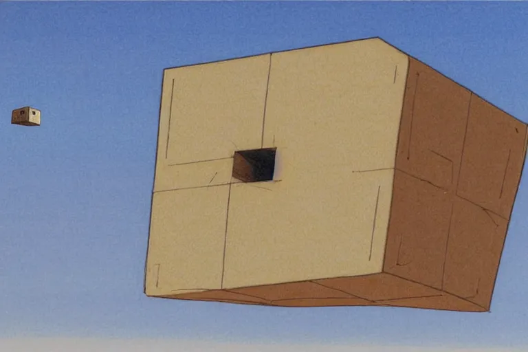 Image similar to giant cube floating above the desert concept sketch by joe johnston and nilo rodis - jamero and ralph mcquarrie and norman reynolds