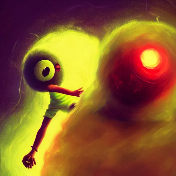 Image similar to cinematic portrait of a cute tennis ball monster in the abyss of space, chalk, masterpiece, trending on artstation, featured on pixiv, cinematic composition, dramatic pose, beautiful lighting, sharp details, hyper-detailed, HD, HDR, 4K, 8K, art by Basil Gogos