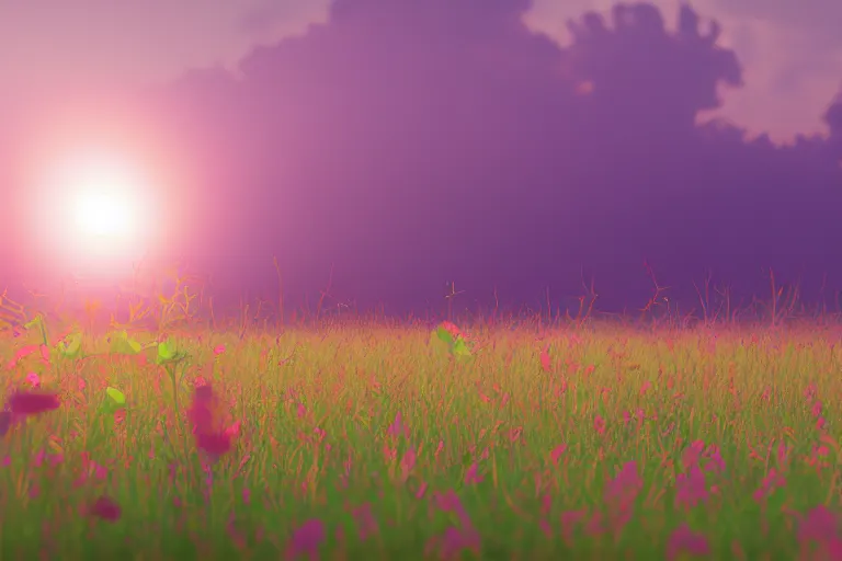 Prompt: a field of colorful weeds, cinematic, pink dawn, backlit, lensflare, octane render, artstation