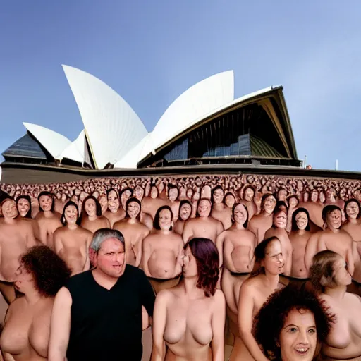 Prompt: spencer tunick photograph of group of blobfish on the sydney opera house foreshore