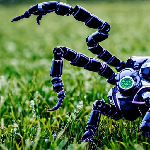 Image similar to a robot scorpion in a field surrounded by nanobots