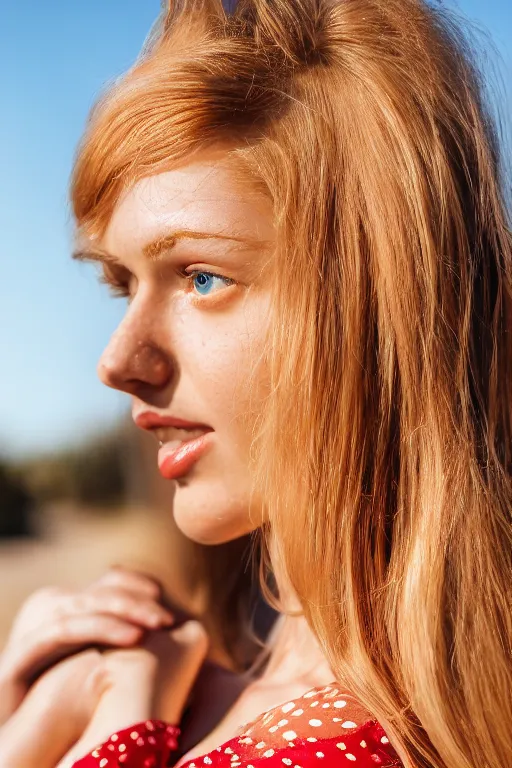 Image similar to olive skinned strawberry - blonde female model in her twenties, wearing a designer dress, looking content, focused on her neck, photo realistic, extreme detail skin, natural beauty, no filter, slr, golden hour, 4 k, high definition, selfie