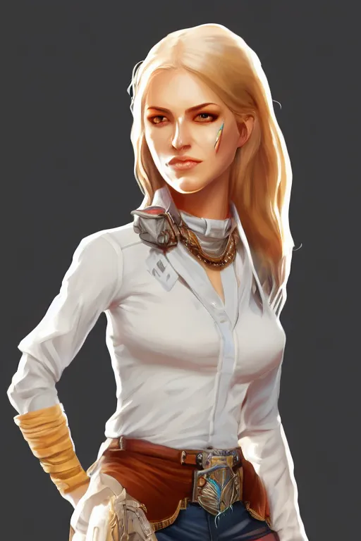 Image similar to full body, female cowgirl, perfect face, white blouse, holster, 8 k, magic the gathering, desert, d & d, artstation, high detail, smooth, sweaty character concepts by senior concept artist