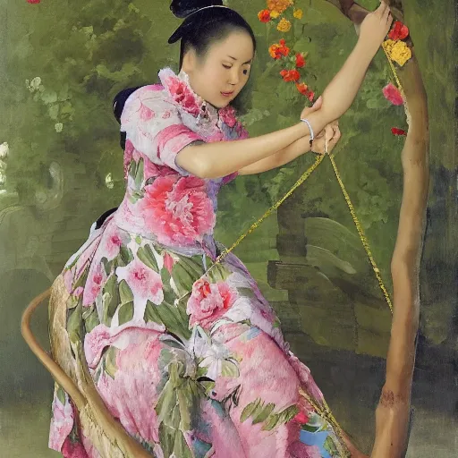 Prompt: A women in a peony dress swings on a flower swing in Bali style by velasquez
