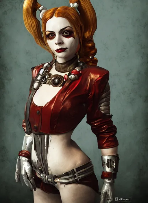 Image similar to bioshock victorian portrait of harley quinn, au naturel, hyper detailed, digital art, trending in artstation, cinematic lighting, studio quality, smooth render, unreal engine 5 rendered, octane rendered, art style by klimt and nixeu and ian sprigger and wlop and krenz cushart