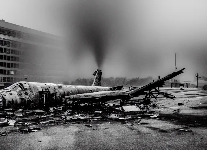 Image similar to black and white photograph of a crashed military jet in downtown kansas city missouri, rainy and foggy