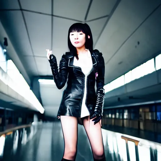 Image similar to a dynamic, epic cinematic 8K HD movie shot of a japanese young J-Pop idol girl wearing leather jacket, miniskirt, nylon tights and high heels boots. Motion, VFX, Inspirational arthouse