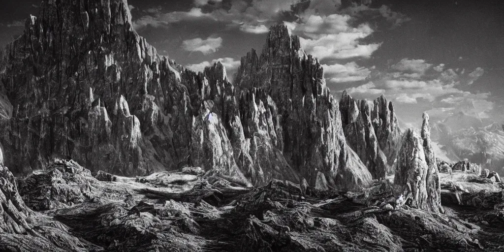 Image similar to photography of witch burning, dolomites in the background, occult signs, witch burning, pyre, solstice fire, alp, dolomites, alpine, detailed intricate insanely detailed octane render, 8k artistic 1920s photography, photorealistic, black and white, chiaroscuro, hd, by David Cronenberg, Raphael, Caravaggio