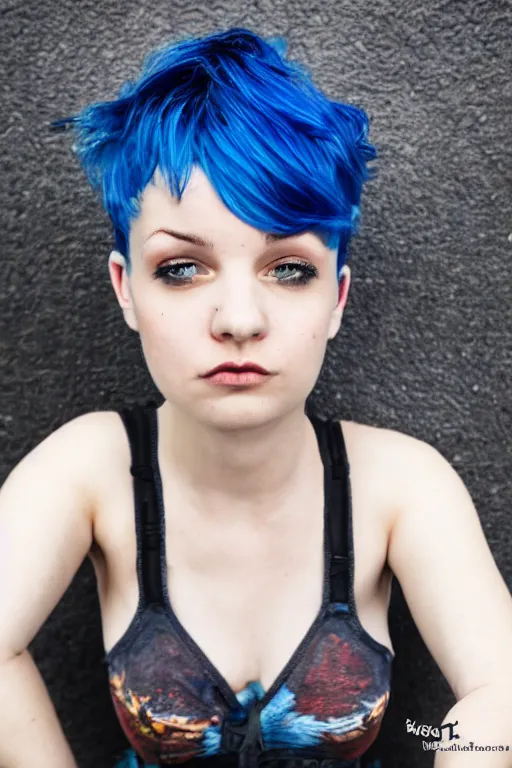 Image similar to photo of young cute punk woman with blue pixie cut posing, hyper detailed