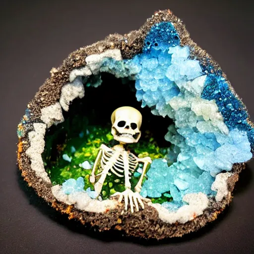 Image similar to photorealistic tiny dinosaur skeleton inside a geode of colored crystals