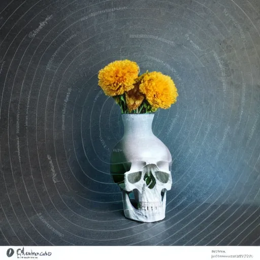 Image similar to a medium-shot neat studio photographic still life with lightyellow dried messy flower bouquet, in a skull-shaped vase, on seablue handmade wallpapers background, with a shadow, studio lightning, kodachrome