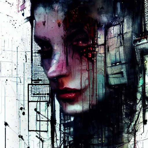 Image similar to a dark cyberpunk dream of wires broken skulls skin cybernetic machines and decay moody hyperrealism 8 k photo atmospheric by jeremy mann, francis bacon and agnes cecile, ink drips paint smears digital glitches glitchart