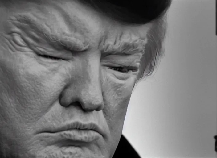 Image similar to screenshot wide shot from moody scene of Donald Trump pensive, in High and Low, 1963 film directed by Akira Kurosawa, kodak film stock, black and white, anamorphic lens, 4K, detailed, stunning cinematography and composition shot by Takao Saito, 70mm