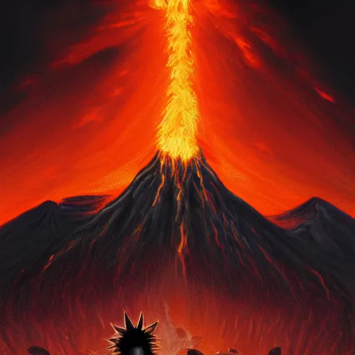 Prompt: a painting of bart simpson walking through mordor towards mount doom. Lava flowing and the eye of sauron in the distance. Detailed trending on artstation.