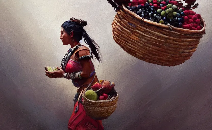 Prompt: A painting of an Aztec Woman carrying a Basket of Fruit trending on artstation in the style of Greg Rutkowski