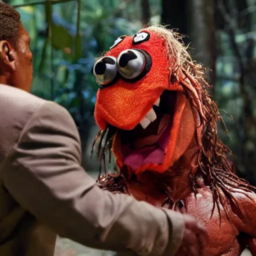 Prompt: The Predator staring the The Muppets and Arnold Schwarzenegger, movie, The Muppets, jungle, Arnold Schwarzenegger, movie still, high definition