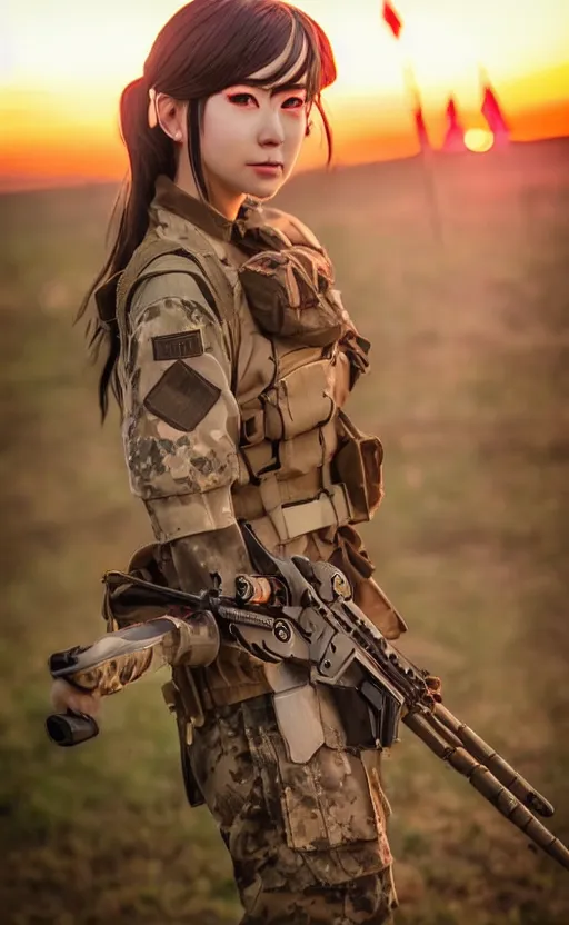 Prompt: highly detailed, high resolution, cosplay photo, stunning, real world, real sunset, in the middle of the battlefield, girls frontline style, bokeh soft, 100mm, trending on instagram, by professional photographer, featuring picciolina airsoftgirl, realistic anatomy, realistic military carrier, soldier clothing, modern warfare, realistic rifle