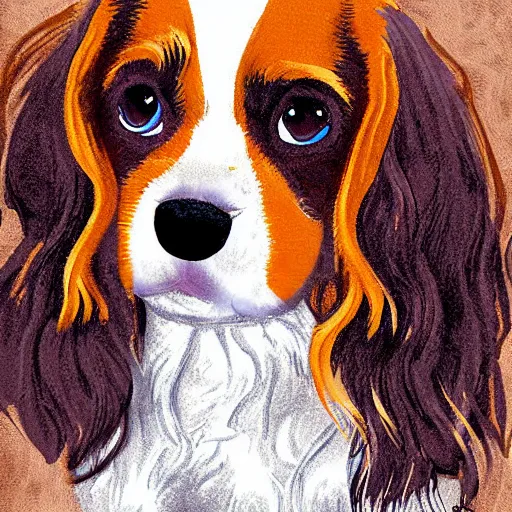 Image similar to digital art, black cavalier king charles sitting with a all brown short haired dashhound