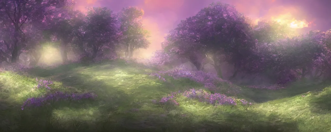 Image similar to a beautiful landscape of a sunset violet evergarden style, concept art, digital art