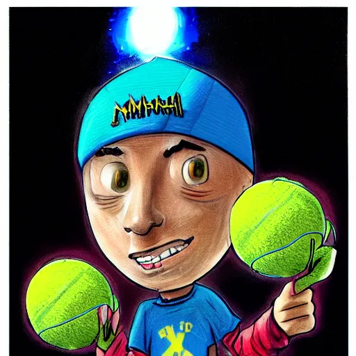 Image similar to a eminem,marshal mathers, slim shady tennis ball monster, tennis ball, lightning, chalk, digital art, fantasy, magic, trending on artstation, ultra detailed, professional illustration by Basil Gogos