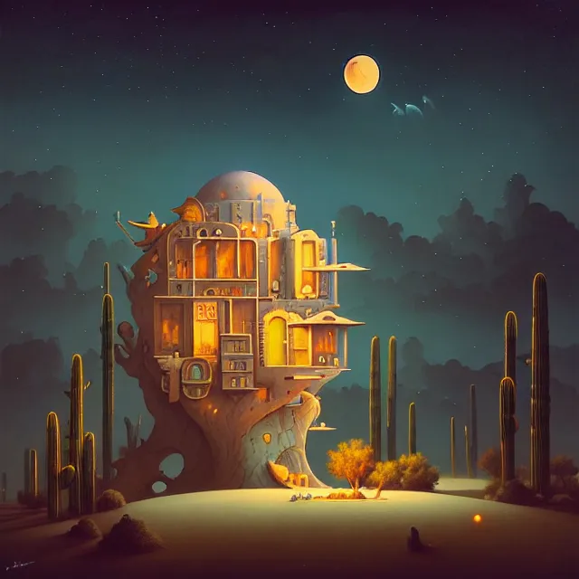 Image similar to a single building flying above a desert oasis in a moonlit night in the style of peter mohrbacher and jacek yerka
