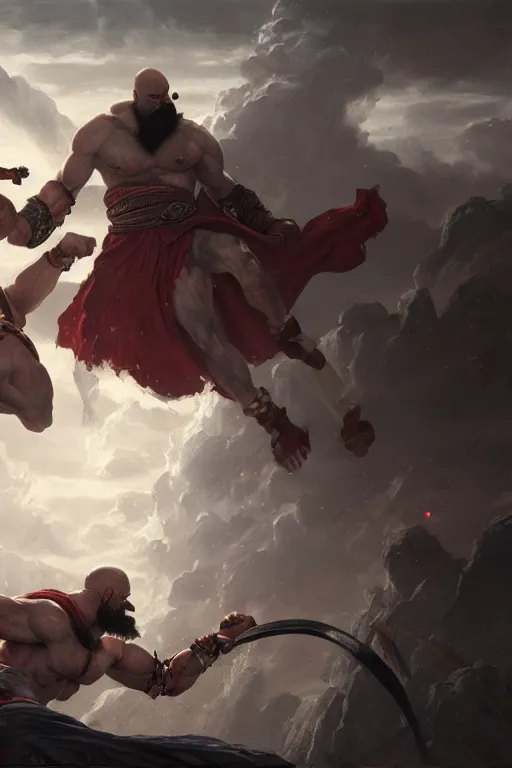 Image similar to kratos fighting zeus in the olympus, highly detailed, digital painting, artstation, cinematic, illustration, unreal engine 5, 8 k, art by greg rutkowski and edgar maxence