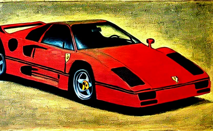 Image similar to Painting of a Ferrari F40, italian High Renaissance art by Leonardo da Vinci