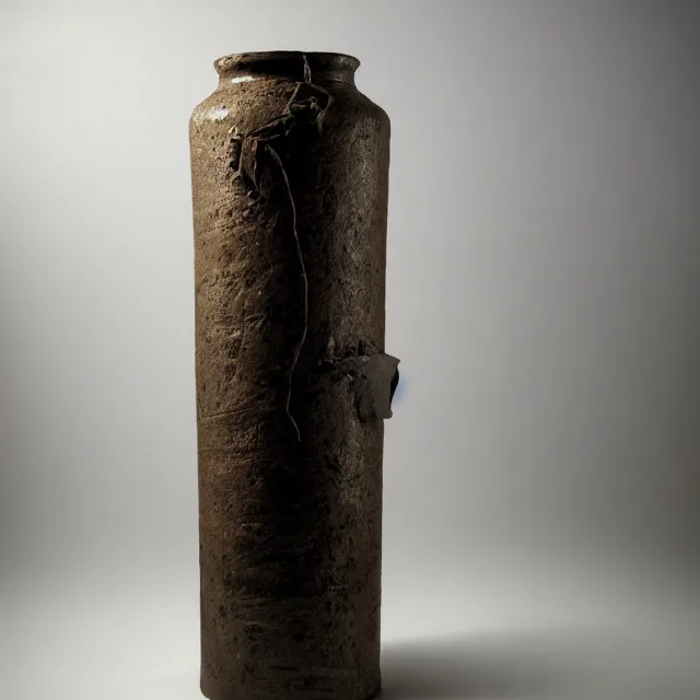 Image similar to a full realistic photo of a tall and thin cylindrical clay dead sea scroll jar, dark, brooding, volume lighting, atmospheric lighting, painted, intricate, ultra detailed by leesha hannigan, thierry doizon, kai carpenter, well composed, best on artstation, cgsociety, epic, stunning, gorgeous, intricate detail, wow, masterpiece