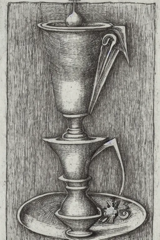 Prompt: realistic medieval etching of the holy cup, intrincate detail, clear cross hatching, detailed faces. by austin osman spare, occult art, alchemical diagram
